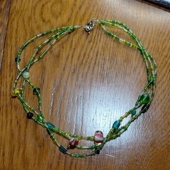 Green glass beaded necklace 3 strand lampwork beads