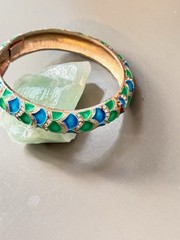 Vintage MARVELLA Blue & Green Enamel Bracelet, Brooch & Earring Set!