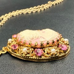 Vintage West Germany Pink Cameo Necklace Exceptional Brass Filigree 1960s