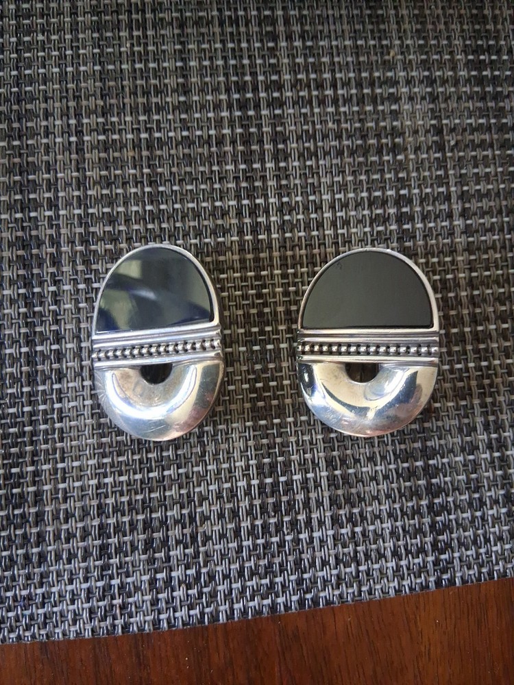 STUDIO DESIGNER ARTISAN ONYX SLAB STERLING SILVER EARRINGS Clip On RETRO 1990s