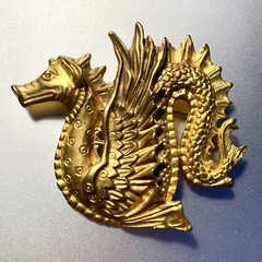 MMA Dragon Brooch Pin Pendant Gold Tone Vintage 1970s Signed Sea Serpent