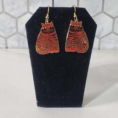 Vintage Laurel Burch Red Shambala Cat Gold Tone Enamel Dangle Hook Earrings