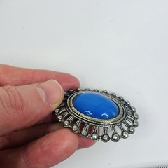 Vintage Silver Tone Blue Cabochon Oval Brooch Openwork Beaded Frame 45mm Folk