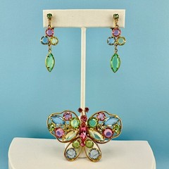 Vintage Butterfly Brooch Earrings Set Open Back Crystal Fruit Salad Pastel Color