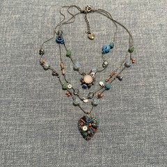 Betsey Johnson Triple Strand Necklace Beaded Multi Floral Heart Crystal Signed