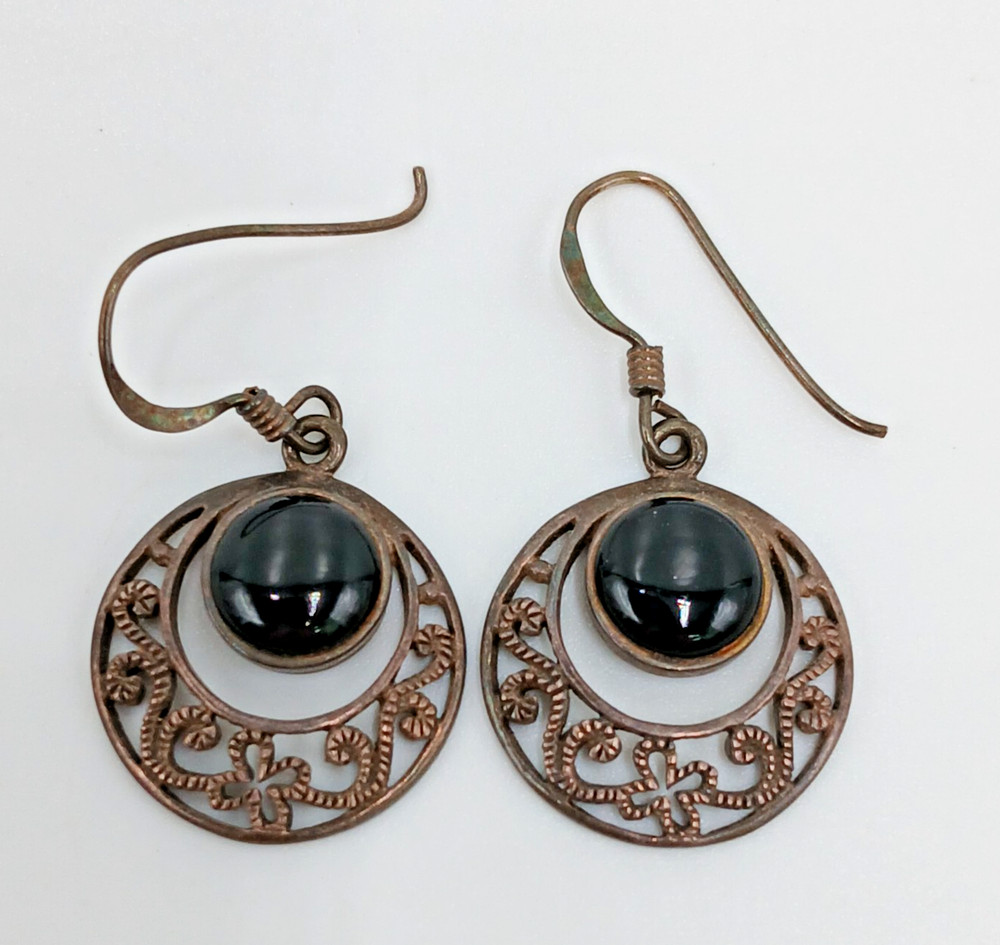 VTG 925 MD Black Onyx Dangle Earrings 1.5in Sterling Silver 4g Filigree Estate