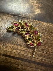 Vintage Gold Tone Domed Leaf Pin/Brooch w/ Pink and Green Prong Set Glass Stones