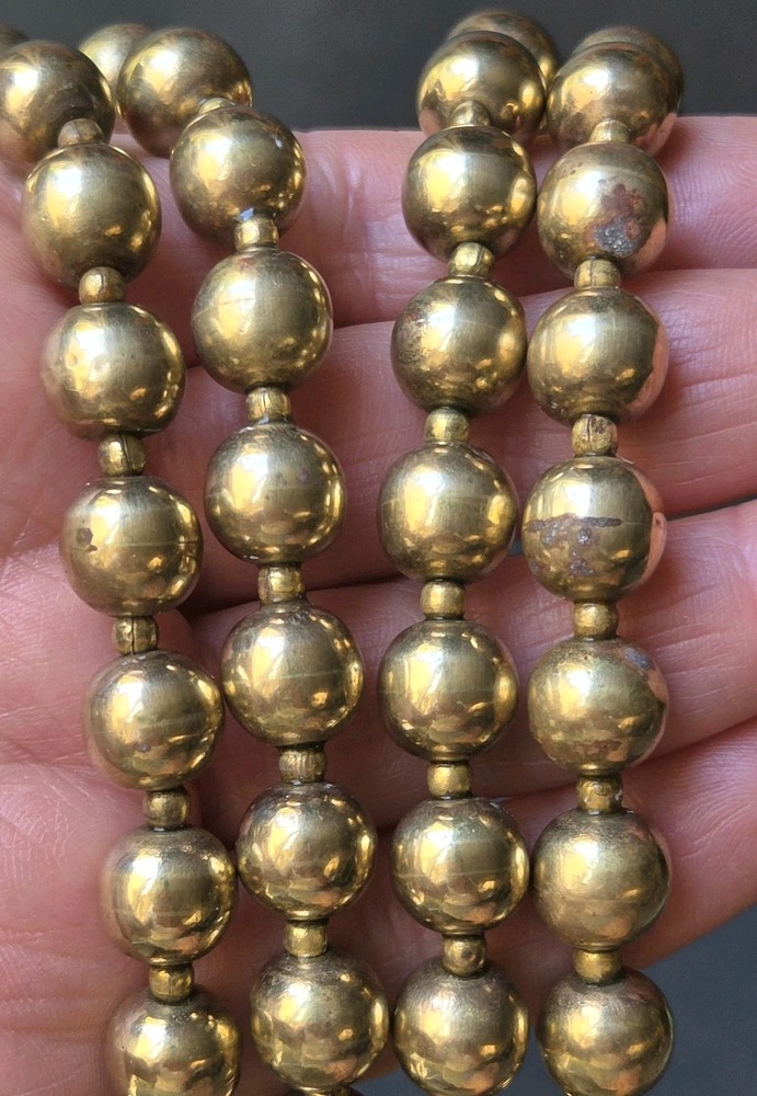 Vtg BRASS BEAD METAL 10mm Ball Necklace Chunky 29″ GoldTone Boho Decor Statement