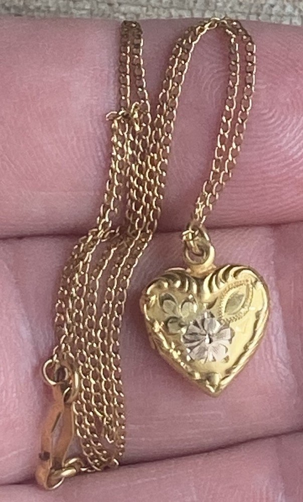 RARE Vintage Henry F Barrows HFB Etched 1/20 12k GF Heart Locket Necklace 13.5”