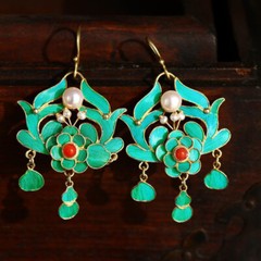 Chinese Antique Earrings Cloisonne Hook Earrings Long Tassels Gilt Pearls Jewels
