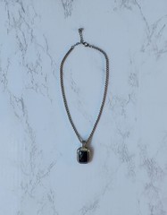 Silver Tone Faceted Black Stone Pendant Necklace on Box Chain Vintage Costume