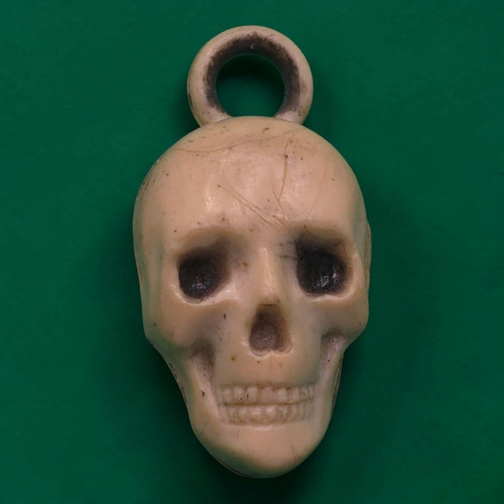 Antique Victorian Celluloid Skull Charm Mourning Pendant Memento Mori 1″