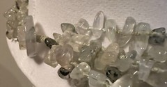 Vintage Tourmalinated Prehnite Nugget Necklace W/Bicone Beads, Freshwater Pearls