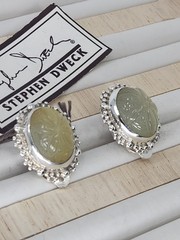 Vintage Stephen Dweck Sterling Silver Carved Prehnite Clip-On Earrings NOS Rare