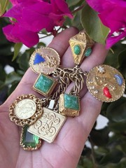 Vintage 50’s-60’s Chunky Charm Bracelet 8″ Medallions Geometric Gold Tone MCM