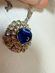 Vintage Necklace Karu Blue Glass Cabochon Pendant Clear Chain