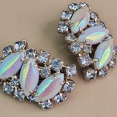 Vintage Rhinestone Clip On Earrings Blue AB Marquise Silver Tone 1.25″