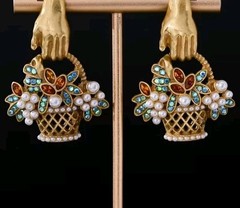 Whimsical Flower Basket Earrings Faux Pearls Rinestones, Vintage Bronze Dangle