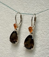 Sterling Silver 925 Fire Opal & Smoky Quartz Pear Cut Dangle Leverback Earrings