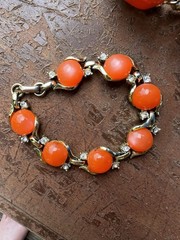 Coro Signed Orange Coral Cabochon Rhinestone Link Bracelet Vintage 1950s