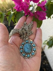 Vintage Bell Trading Nickel Silver Simulated Turquoise Pendant Necklace 29”