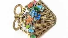 Chinese Export Gold Gild Brass Silver Enamel Flower Basket Pin Brooch Vintage