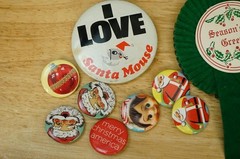 Vintage Pinback Buttons Holiday Christmas Santa Claus Seasons Greetings Ribbon