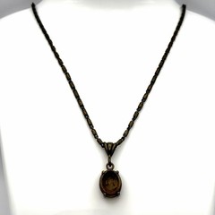 Extasia Signed EXT Vintage Style Bronze Fob Pendant Necklace Smoky Brown Glass