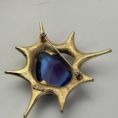 Atomic Blast Brooch Pin Signed BSK Gold Tone Blue Stone Starburst Vintage MCM