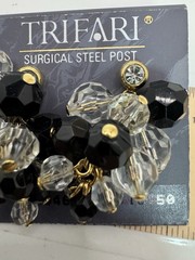 Trifari Vintage Cluster Earrings Black Clear Faceted Bead Surgical Steel Post