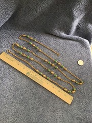 Vtg Jade Green Bead Necklace Gold Tone Faux Pearl Long Metal Filigree Bead Caps