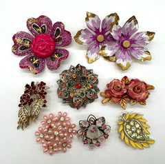 VTG Flower Brooches lot 8 Art Lisner BSK W Germany celluloid enamel rhinestone