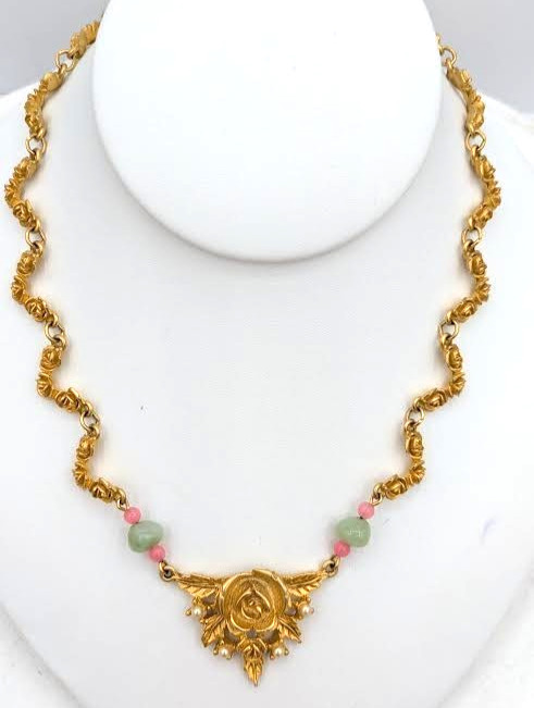 Vintage Floral Necklace Rose Centerpiece Agate Rose Quartz 16 Inch