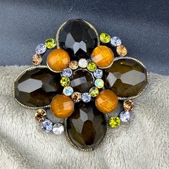 Vintage Rhinestone Brooch Brown Orange Gold Tone READ