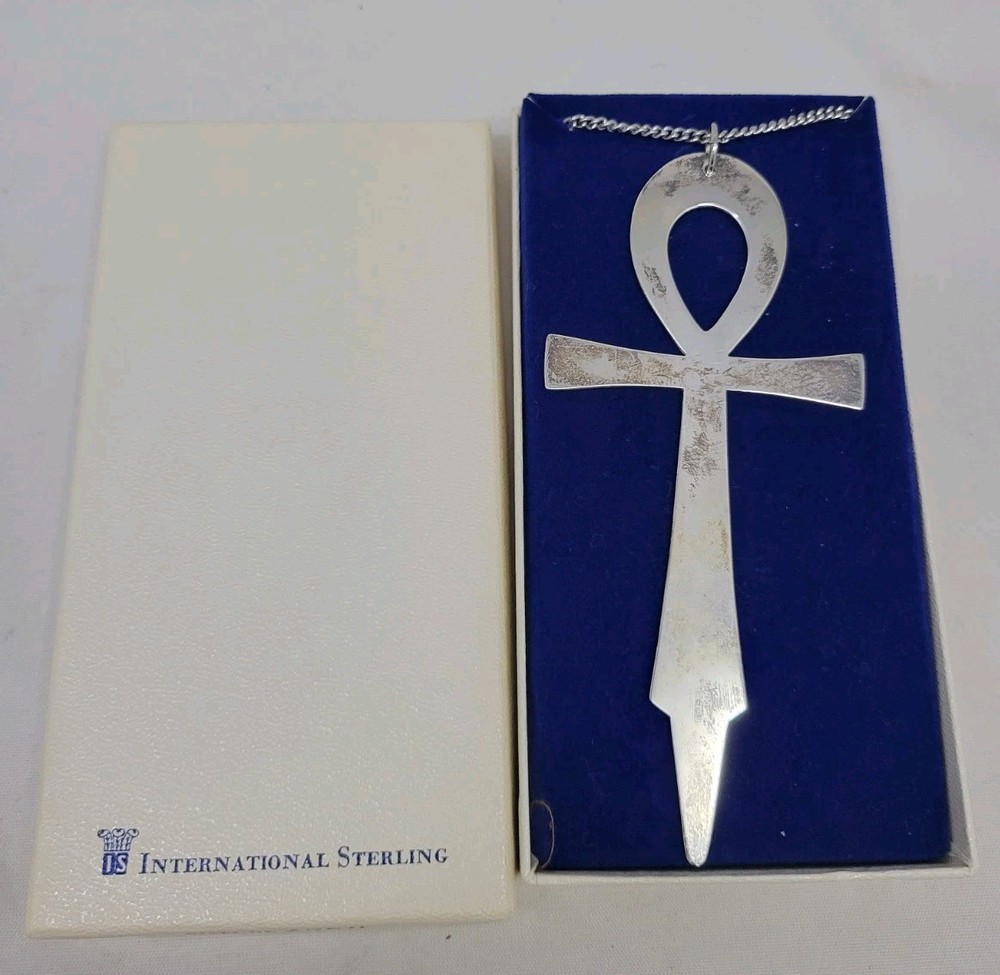 RARE Vintage International Sterling Co. ANKH 5 ” Necklace Ornament Original Box