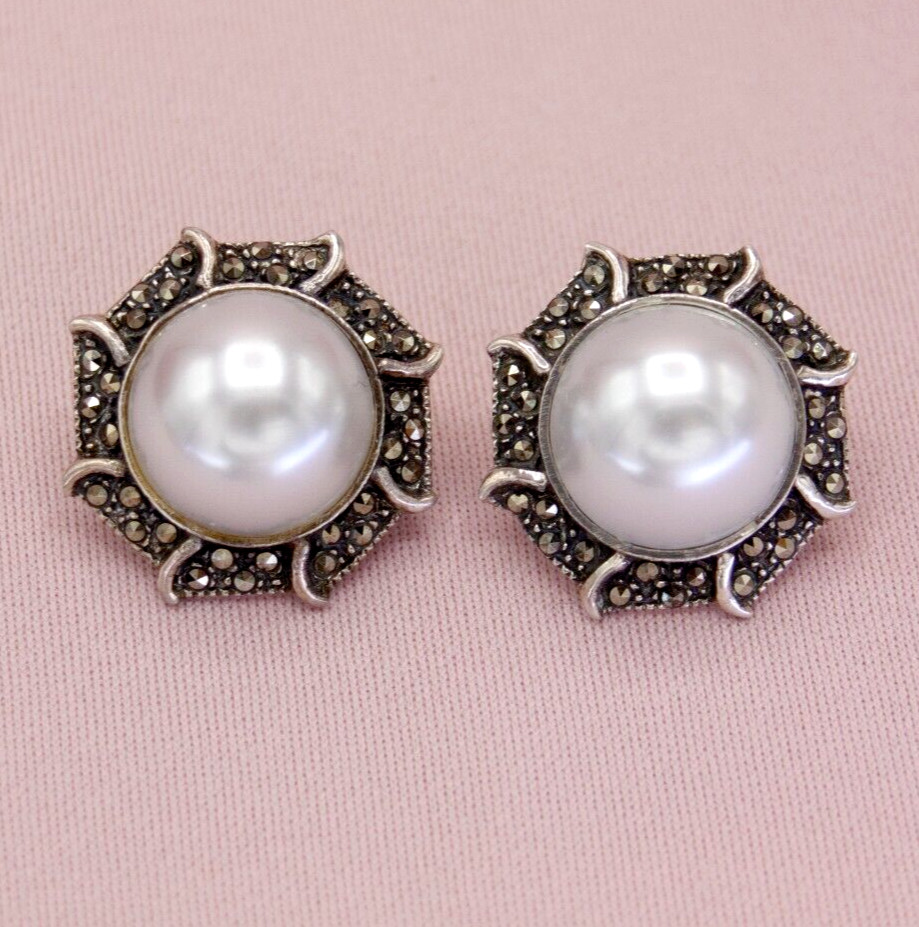 Vintage Sterling Silver Marcasite Faux Pearl Round Post Earrings – Ideal Gift