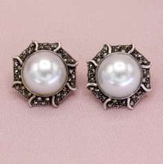Vintage Sterling Silver Marcasite Faux Pearl Round Post Earrings – Ideal Gift