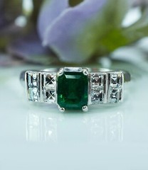 Vintage Asscher Diamond Emerald Platinum Ring Band