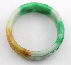 Chunky Vintage Carved Jadeite Jade Dragon Foo Dog 6.5″ Bangle Bracelet