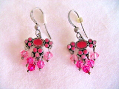 Vintage LC Lauren Conrad Pierced Earrings Silver W/ Pink Enamel & Faceted Beads