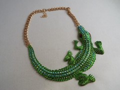 Goldtone Green Rhinestone Alligator Crocodile Scoop Statement Necklace (F28)