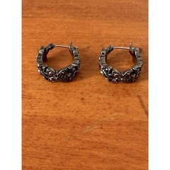 Vintage Gunmetal Barrel Huggie Hoop Earrings Hematite Crystal No Brand