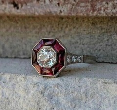 Art Deco Lab-Created Diamond & Garnet Hexagonal Frame 14K White Gold Finish Ring