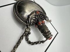 Antique Victorian Silver Snuff Bottle Filigree Red Coral? Tibetan? 32in Read