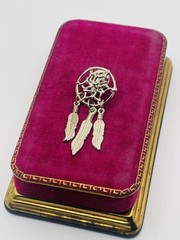 Vintage Southwest Navajo Tribal Style Dreamcatcher Pin w/ Dangle Metal Feathers