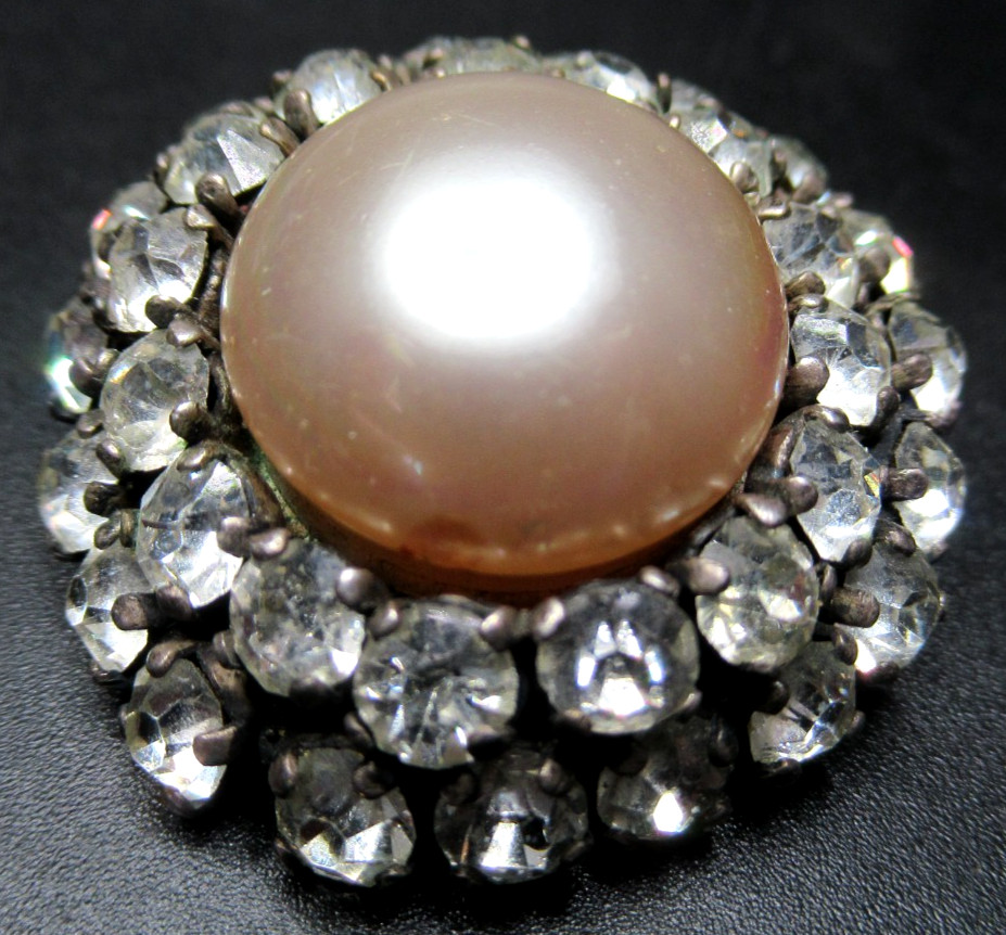 1950’s French Ice Rhinestone Faux Pearl Trombone Clasp Vintage Pin Brooch