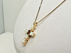 Fire Faux Opal & Garnet 925 Sterling Silver Cross Pendant Necklace 18″ inch