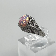 Intricate Czech Glass Rainbow Harlequin Faux Fire Opal Ring Silver-Tone 3.5 Ring