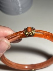 Vintage Lucite Plastic Orange Swirled Jeweled Bangle Bracelet 8.25”