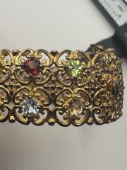 Vintage 925 China Gold Vermeil MultiGemstone Filigree Hinged Bangle Bracelet 30g